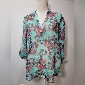 Kut from the Kloth Aqua Blue Floral Sheer Blouse Size Large Roll Tab Boho USA